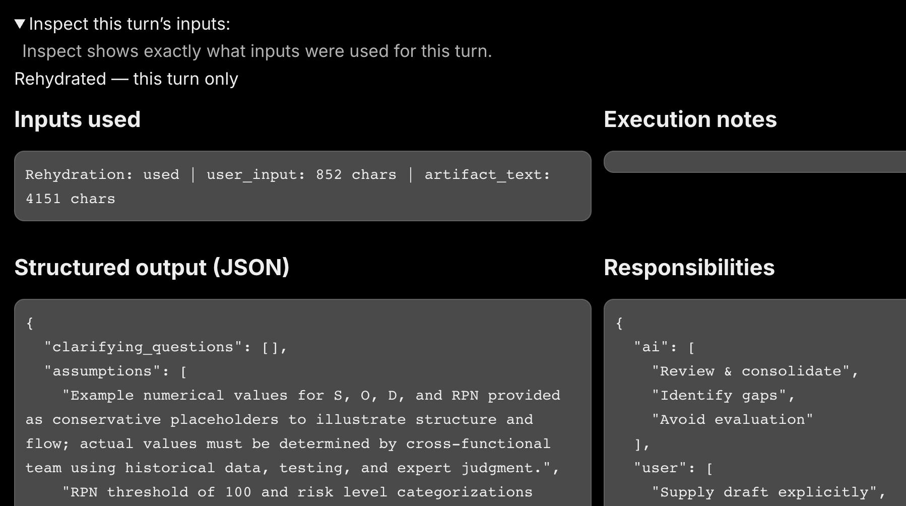 Inspect panel showing structured JSON and governance trace